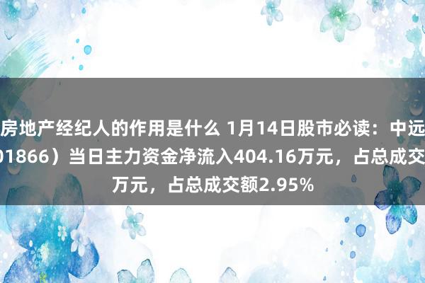 房地产经纪人的作用是什么 1月14日股市必读：中远海发（601866）当日主力资金净流入404.16万元，占总成交额2.95%