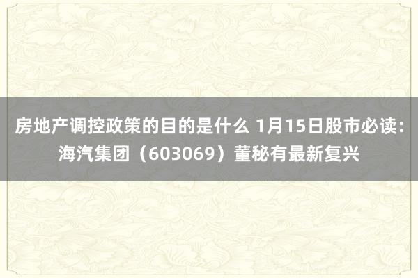 房地产调控政策的目的是什么 1月15日股市必读：海汽集团（603069）董秘有最新复兴