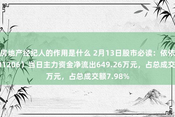 房地产经纪人的作用是什么 2月13日股市必读：依依股份（001206）当日主力资金净流出649.26万元，占总成交额7.98%